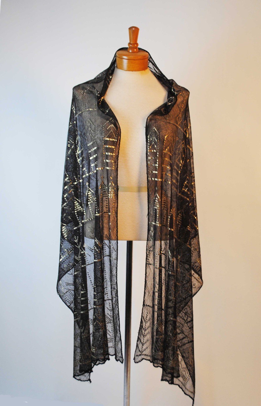 SHIMMERING 1920 BLACK NET & SILVERY SILVER FOIL ASSUIT SHAWL WITH FIGURES image 2