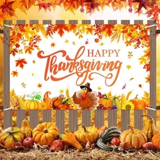 Happy Thanksgiving Day Backdrop Thanksgiving Banner Turkey Maple Leaves Pumpk...