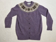 VTG Lochcarron 100 Wool Cardigan Sweater White Purple Fair Isle Hand Knit 1960s