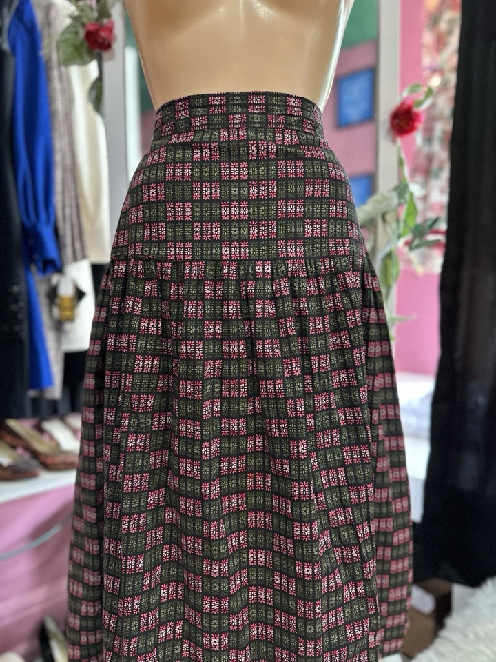 Saia Vintage Anos 40 Rosa Verde Feito à Mão Algodão Longa Midi Art Deco Cintura Gota P/M - Imagem 3 de 4