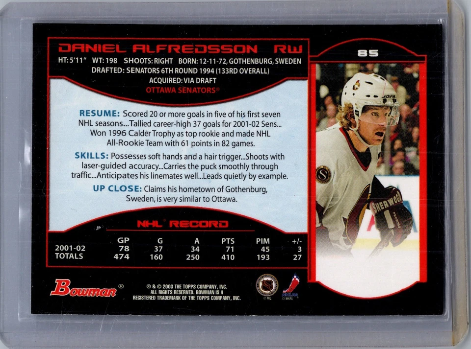 2002-03 BOWMAN YOUNGSTARS #85 DANIEL ALFREDSSON HARD SIGNED AUTOGRAPH OTTAWA - Image 2 of 2