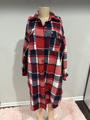 Flannel coat size medium women red blue Plaid extra long