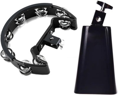 Tambourine and Cowbell Kit, Drum Set with Mounting Eye Bolt, Black 