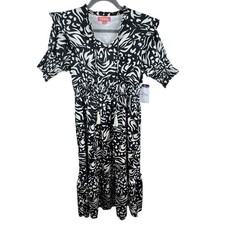 THML NWT Black White Abstract Print Short Sleeve Midi Dress Ruffle Tassels S