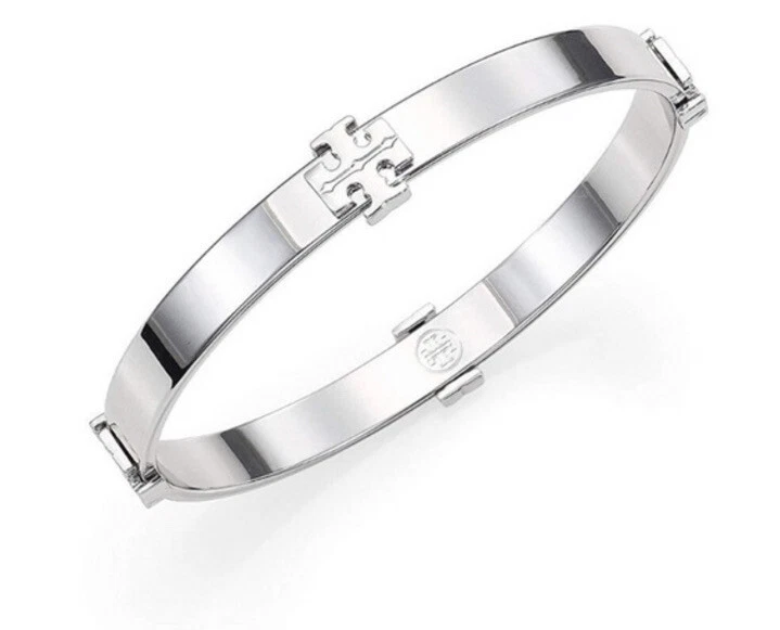 NWT Tory Burch Pierced T Logo Bangle Bracelet In Silver Color 100