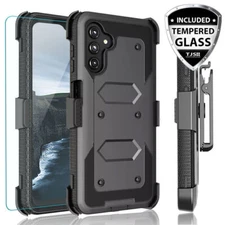 For Samsung Galaxy A15 5G Armor Rugged Case Belt Clip Holster+Tempered Glass