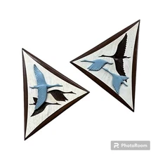 Vintage Wall Hanging 1970s Burwood Blue Geese Birds Brown Retro Wood Plastic USA
