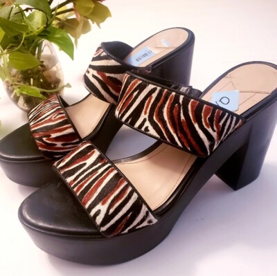 Derek Lam Sandals Leather Size 10 Black Slip On Slide Platform Heels Zebra $475