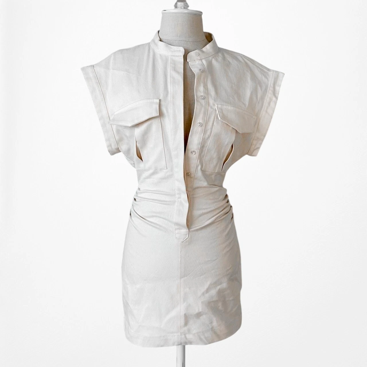 OFF WHITE Vestito Mini Camicia Zara Off White Panna Manica Corta Bottoni Bodycon Taglia XS