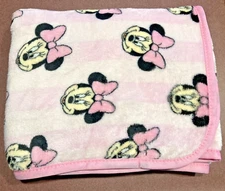 Disney Pink Striped Minnie Mouse Face Baby Blanket Throw Very Soft Fleece Bow