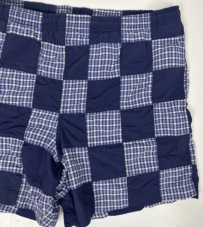 Vintage 90s LANDS END Patchwork Swim Trunks M Gingham Plaid Navy Blue Retro FLAW - Image 2 of 4