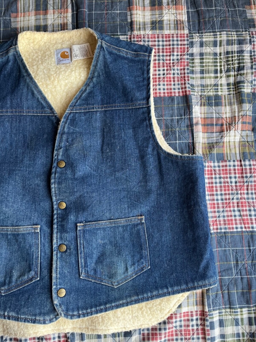 Vintage 80s CARHARTT Denim Sherpa Lined Snap Vest 8SV Men's Sz XL