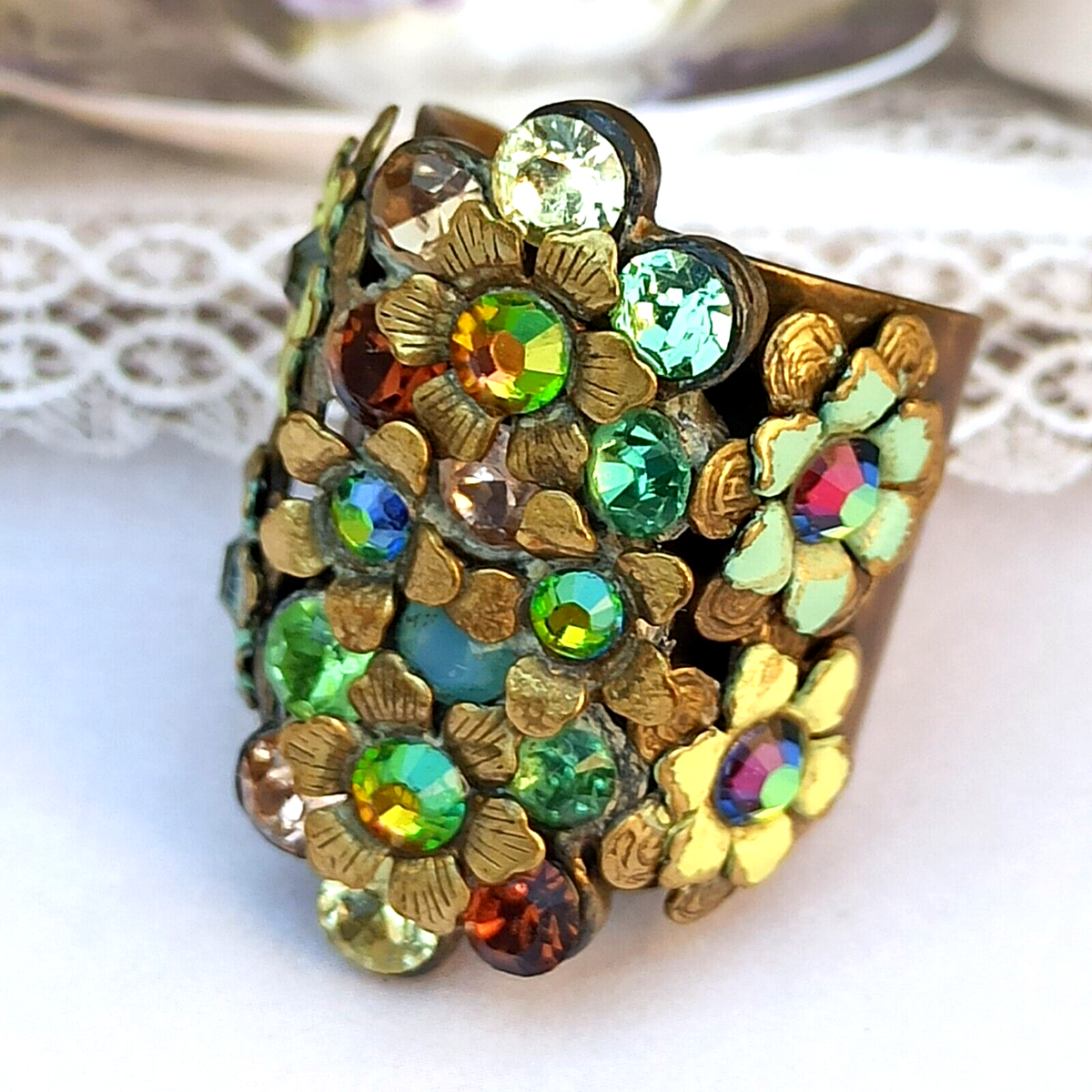 Michal Negrin Ring Chunky Flower Shades of Green and