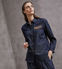 Brunello Cucinelli Denim Blue Jeans Shirt Top Button Long Sleeve Monili Size S