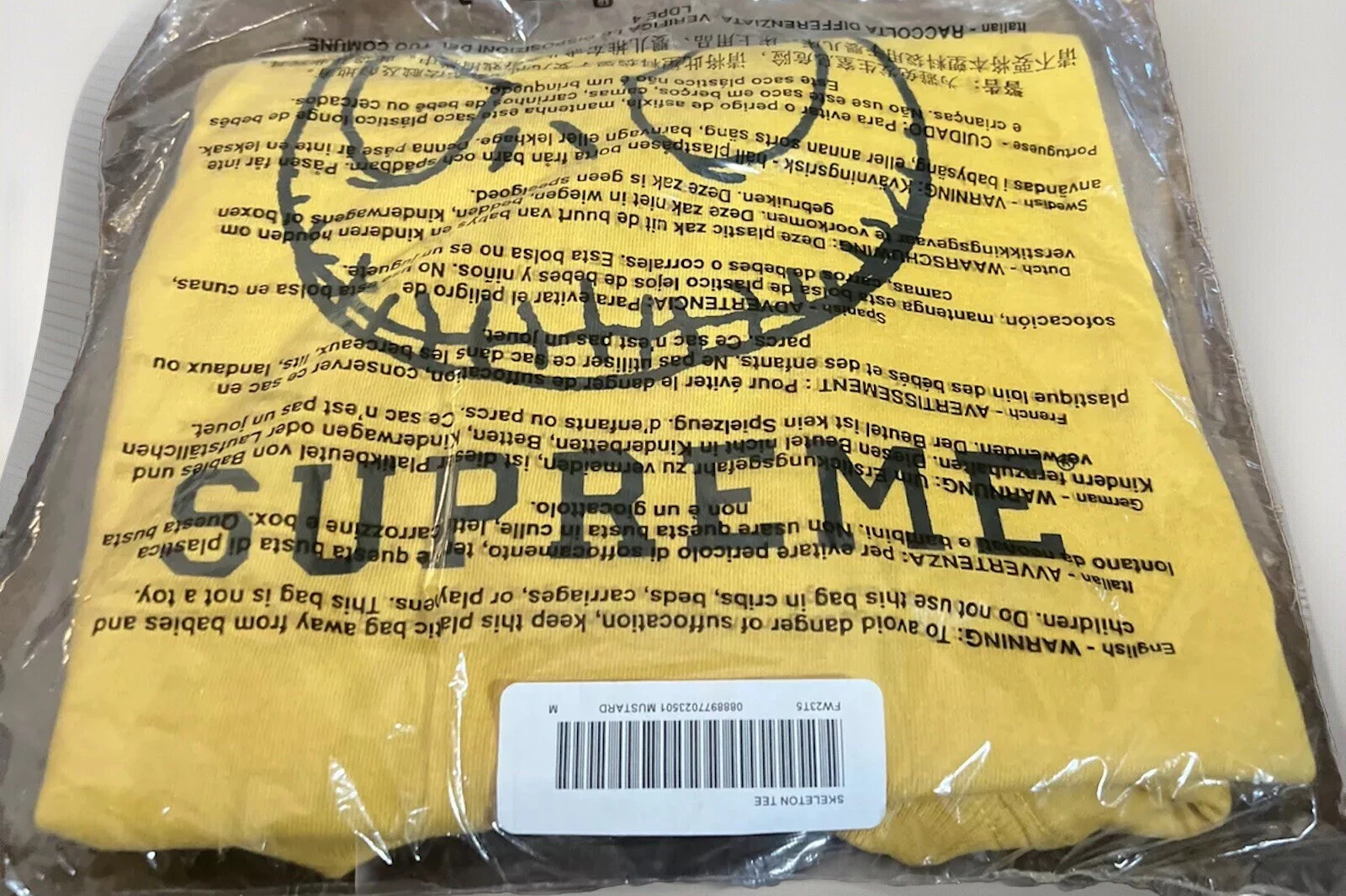 TEE SHIRT SUPREME SQUELETTE MOUTARDE TAILLE MEDIUM FW23 SEMAINE 1 (AUTHENTIQUE) NEUF