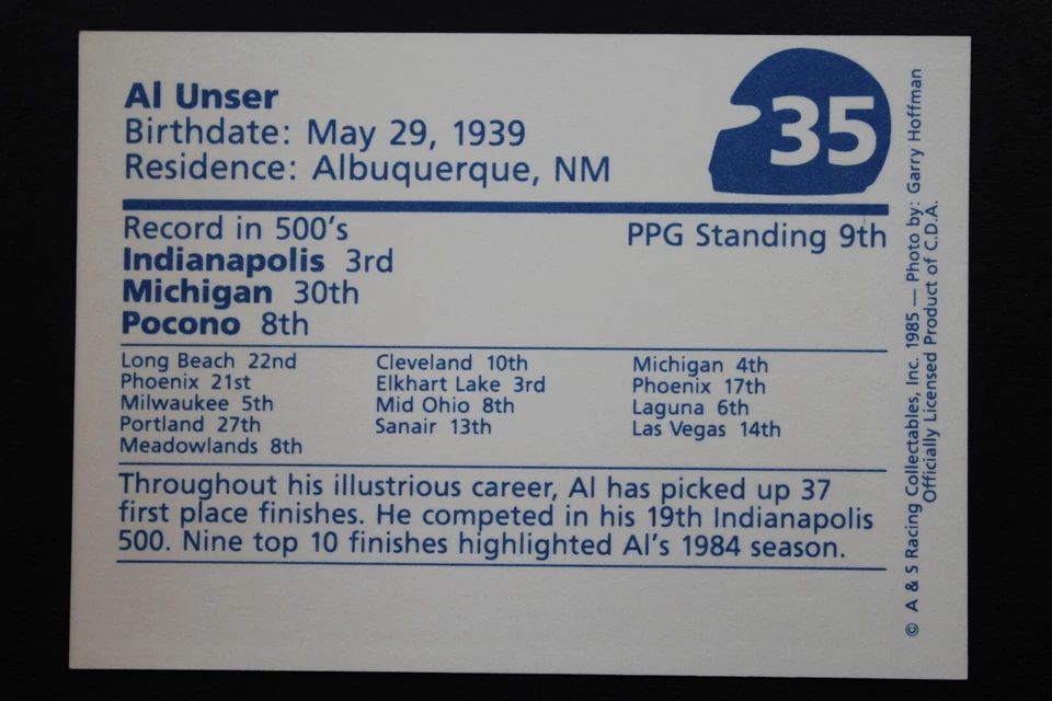 Al Unser (d.2021) Race Car Driver Autograph Signed 1985 A&S Racing Card #35 JSA - Image 2 of 4