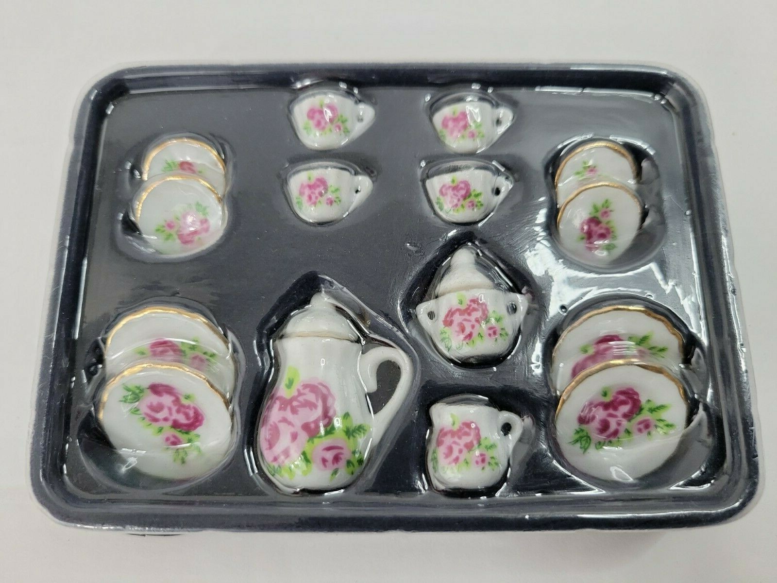 Miniature Dolls House Accessories 17 Piece Tea & Coffee Pink Gold Trim