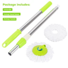 Spinning Mop Pole Handle Replacement for 360° Rotating Cleaning Tool+2 Mop Heads