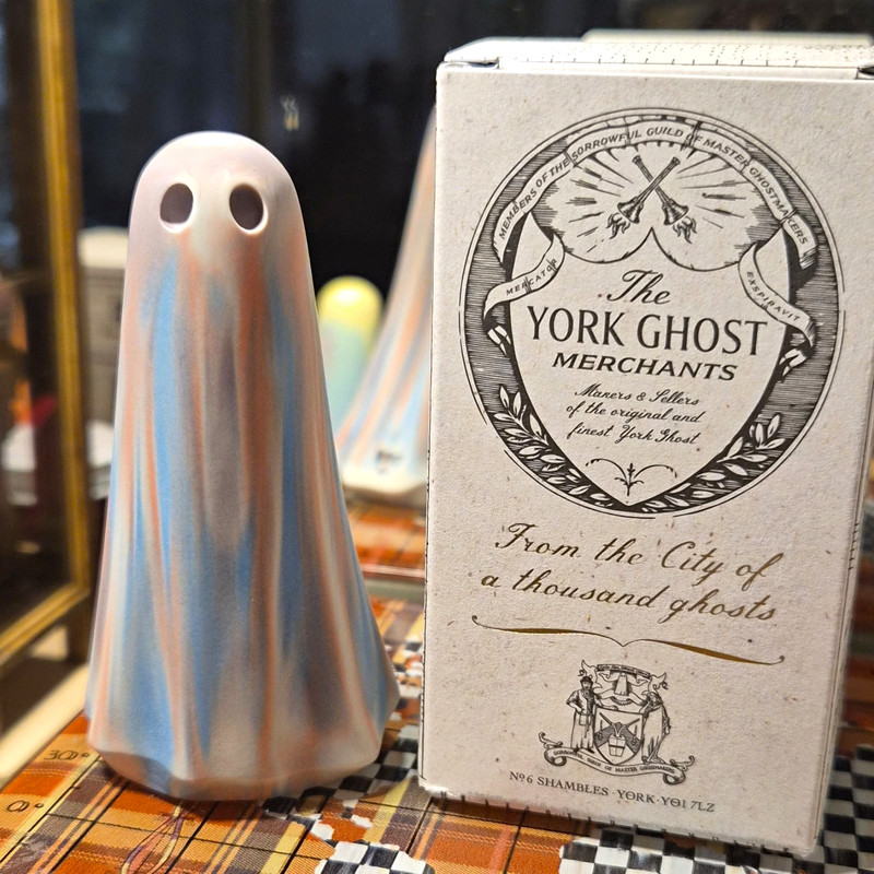 The York Ghost Merchants Ceramic Ghost Figurine w/ Box, White/Blue/Pink