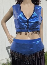 Belly Dance Vest Belt Electric Blue Reverse to Black/silver Beads Coins Chains