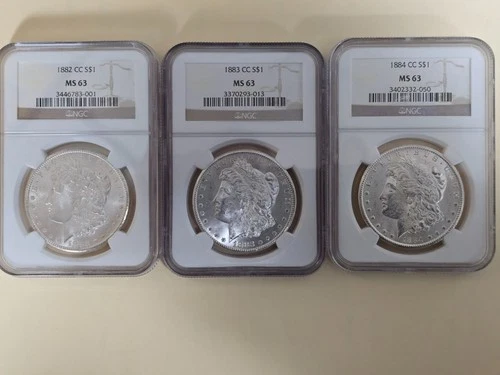 1882-CC, 1883-CC, 1884-CC Morgan Silver Dollar NGC MS63 Matched-Grade Coin Set