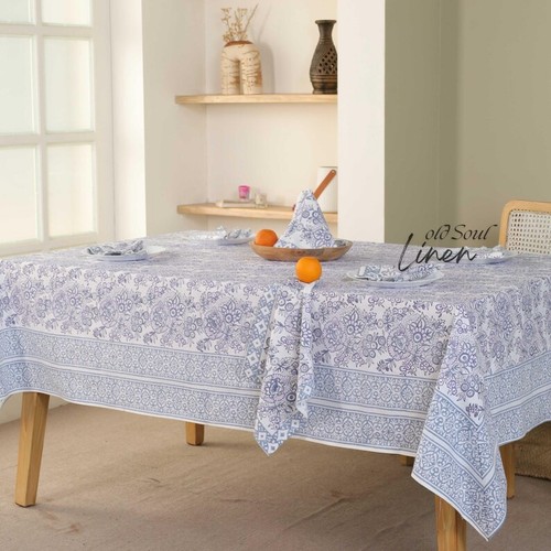 Vintage Floral Cotton Table Cover Hand Block Printed Dining Decor Tablecloth - Picture 7 of 10