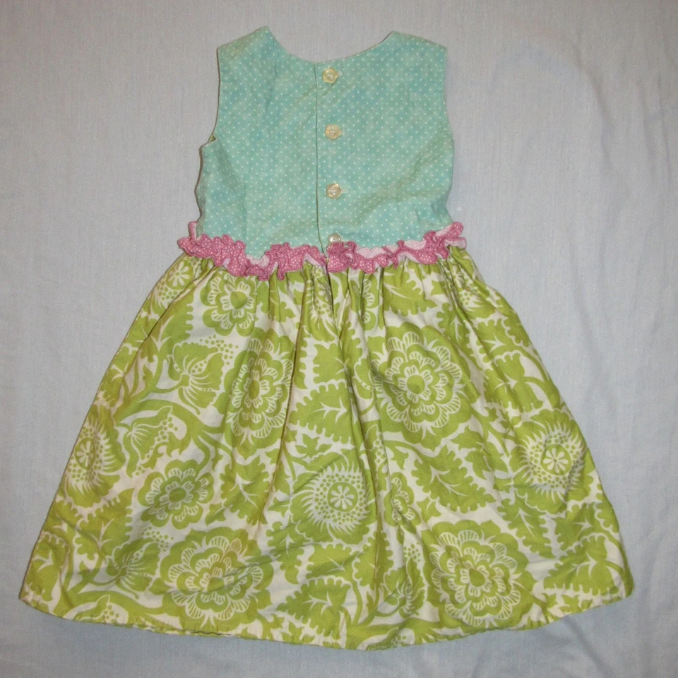 Vestido Delantal Jersey Persnickety Verde Floral Aqua Lunares Volantes Talla 5 Años Foto 2 de 3
