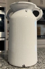 White Crackle Ceramic Farmhouse Jug Vase • Distressed Two-Handle Pitcher Decor