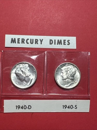 1940- D & S BU 10C Mercury Dimes Brilliant Uncirculated Set 90% Silver Set