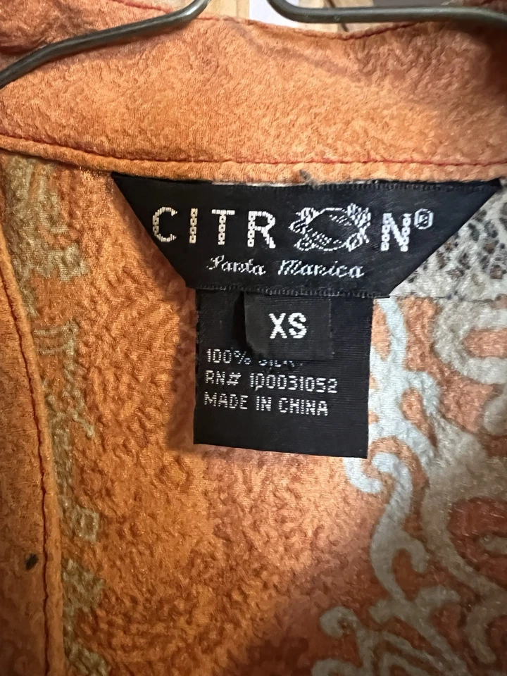 Blusa de Seda de Lujo Citron Santa Mónica Top Abanico Asiático Mariposa Cachemira XS Foto 4 de 4