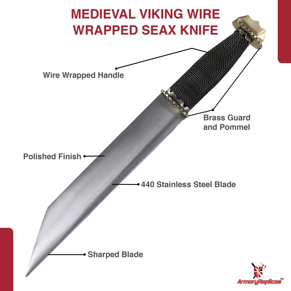 Medieval Seax Dagger Stainless Steel Blade Brass Pommel Reenactment Collectible - Image 3 of 4