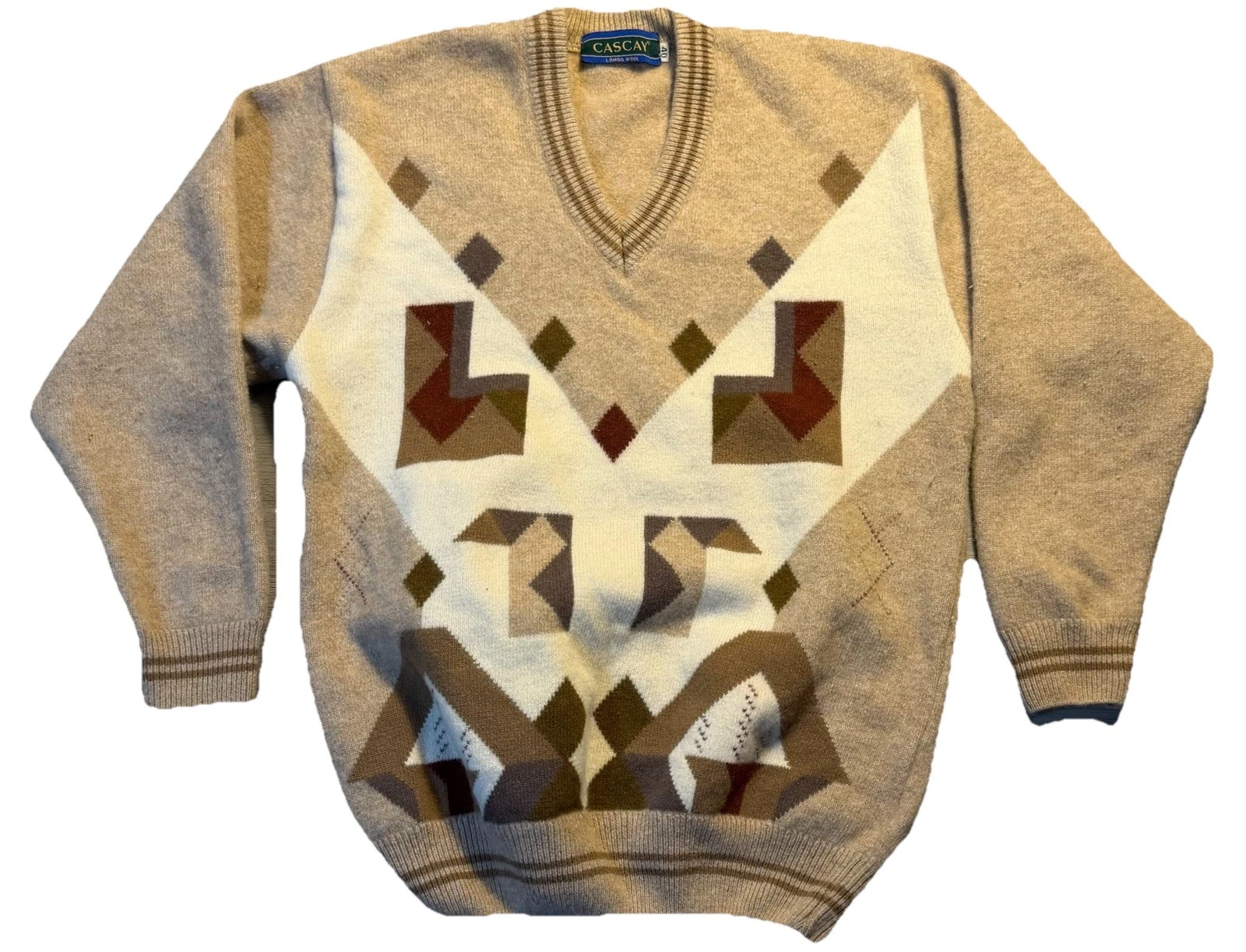 Vintage Cascay Lambswool Sweater Mens Size 40 Medium Brown Geometric V Neck Knit