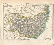 1886 SUFFOLK, ENGLAND antique engraved 10.5"x 12.5" color map UNITED KINGDOM