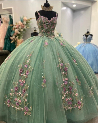 Green Quinceanera Dresses 3D Flowers Sweet 15 16 Birthday Party Ball Gowns