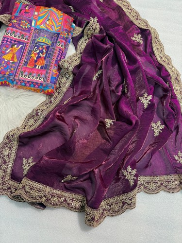 Saree Blouse Set Satin Fabric Wrap Dress Saree With Kalamkari Print Blouse Set - Picture 5 of 10