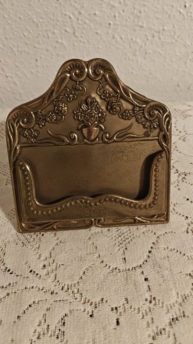 Vintage Ornate Brass Business Card Holder Desk Stand Victorian Style Monogramed