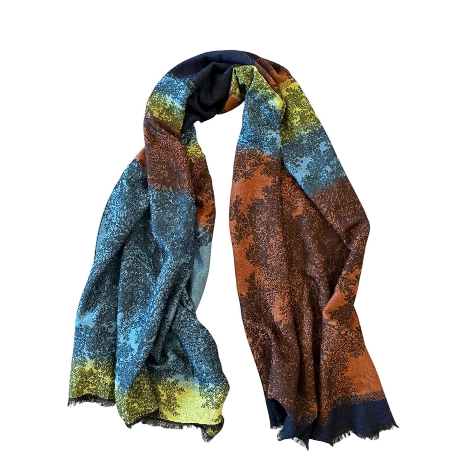 La Fabrique d'écharpe France Merino Wool Modal Scarf Wrap Tree Landscape Blue