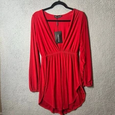 Pretty Little Thing Dress Womens 4 Red Slinky Plunge Split Shift Stretch NEW