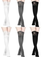 6 Pairs Lace Thigh High Socks with Trim One Size 3color Classic