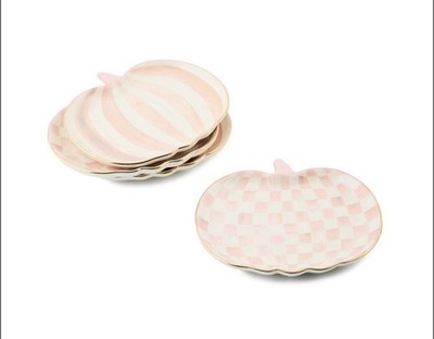 NEW MacKenzie-Childs Set of 4 Rosy Check/Stripe Pumpkin Dessert Plates, $169.95