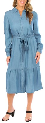 Hope and Harlow Buttoned Tie-Waist Long Sleeve Dress - Denim Blue - 6