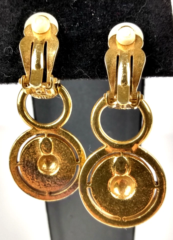 Vtg Premier Designs Greek Key Clip On Gold Tone 2 In 1 Rhinestone Earrings - Image 3 of 4