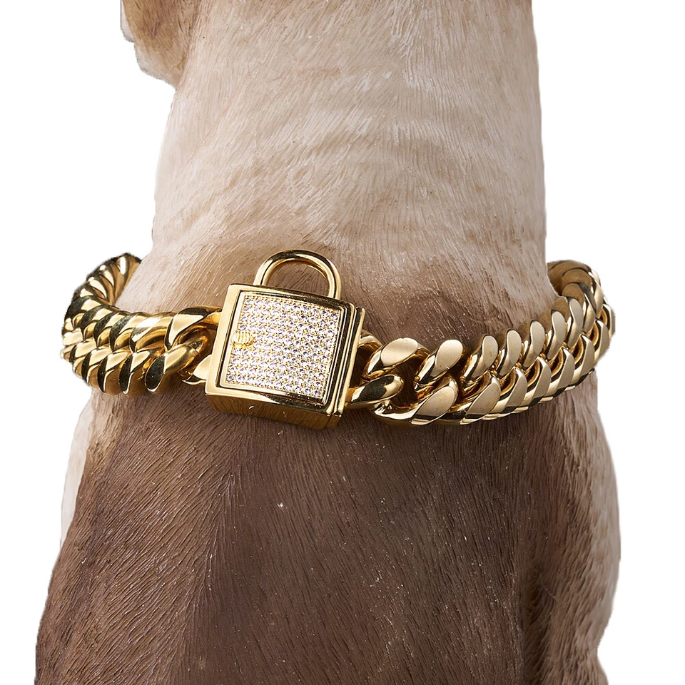 14mm 24"Gold Dog Collar with Zirconia Buckle Stainless Steel Curb Chain Necklace - Image 2 of 4