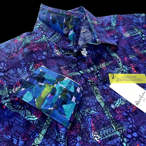 Robert Graham Geometric Paisley Patchwork Floral Purple Blue Sport Shirt 2XL - Picture 5 of 13