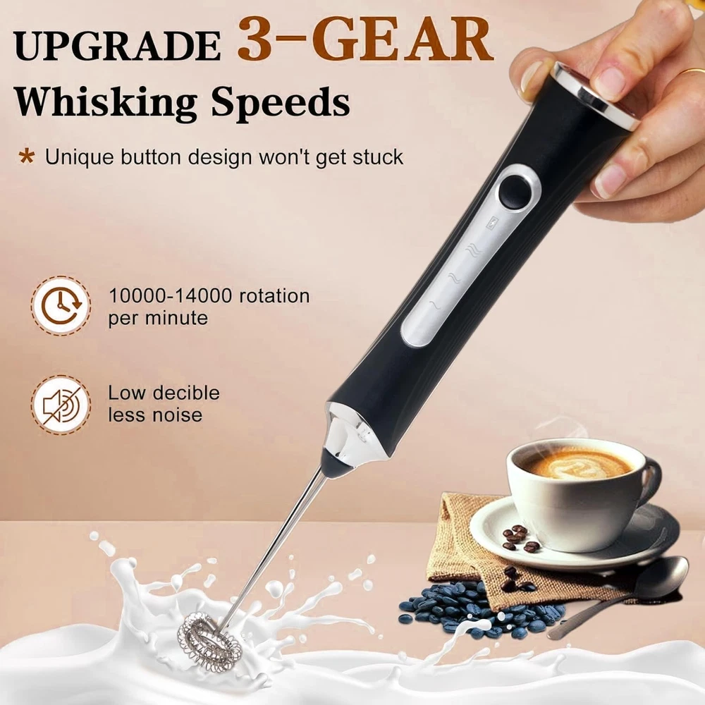 Milk Frother Handheld 3 Speed Electric Drink Mixer w/ Stand 2 Heads Rechargeable