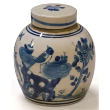 US Seller - Blue and White Porcelain Flower and Bird Oriental Jar
