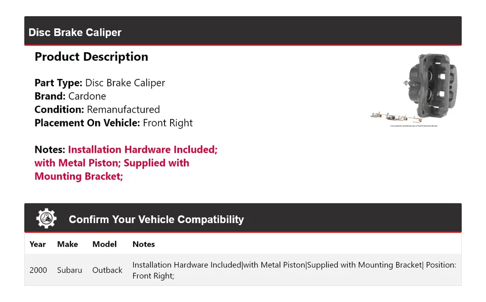 Pinza de freno de disco delantera derecha Cardone para Subaru Outback 2000 Foto 2 de 4