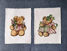 SET /2 CROSS STITCHED FINISHED CHRISTMAS CANDYCANE BOY GIRL TEDDY BEARS PICTURES