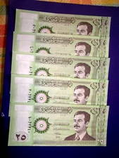 IRAQ,25 DINAR NOTES,LOT OF 5,YR 2001,SADDAM HUSSEIN,UNCIRCULATED