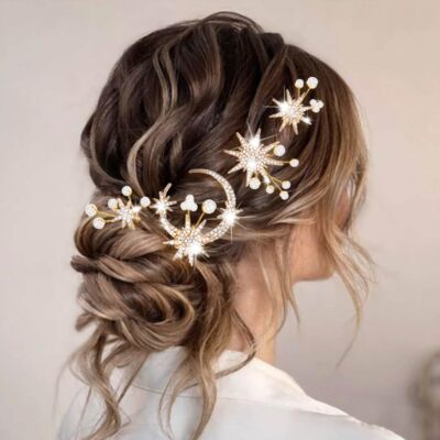 Gold Moon Star Hair Pins Rhinestone Wedding Hair Clips Pearl Bridal Hair Acce...